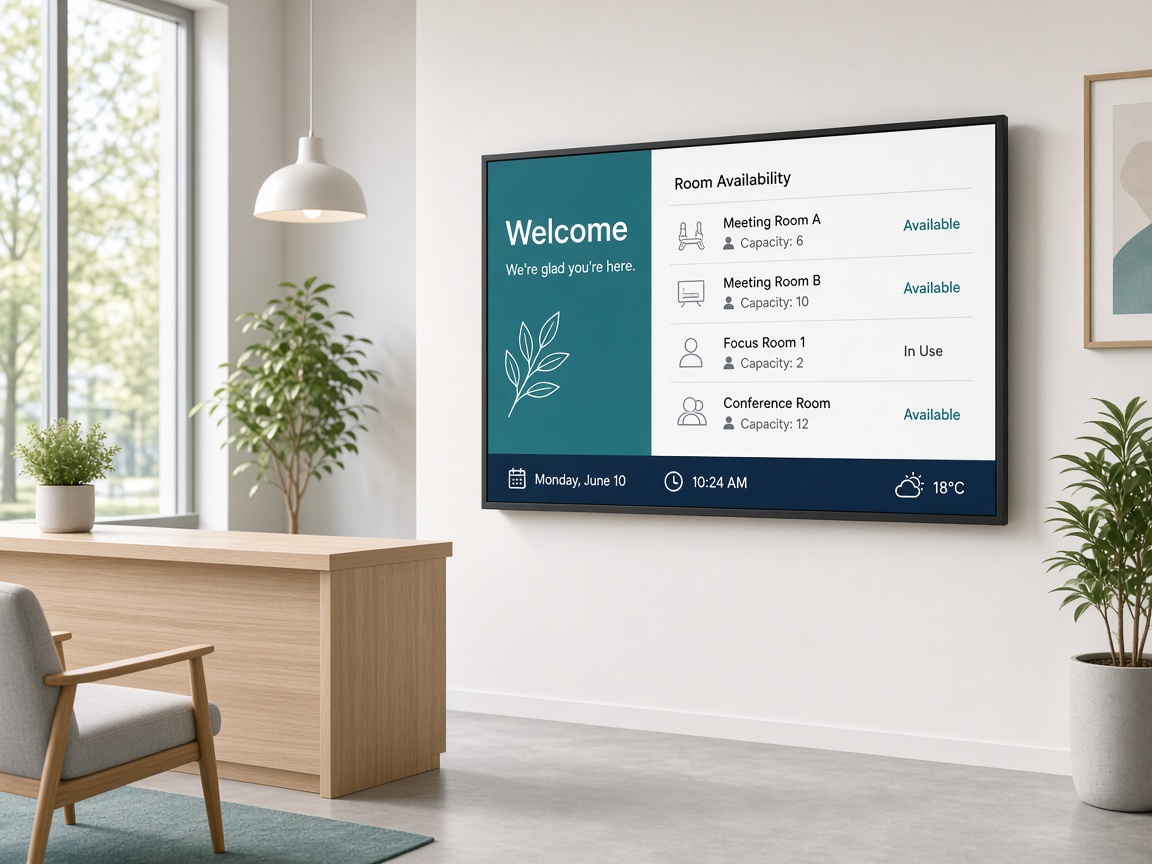 Digital skyltning och informationstavla i kontorsreception